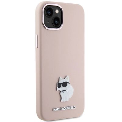 4. Karl Lagerfeld Silicone Choupette Metal Pin Case for iPhone 15 Plus / 14 Plus - Pink