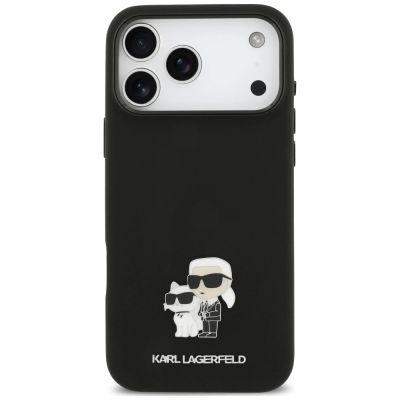 3. Karl Lagerfeld Silicone Karl&Choupette Metal Pin Case for iPhone 18 Pro Max / 17 Pro Max – Black