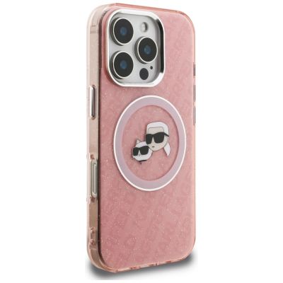 4. Karl Lagerfeld IML Glitter Karl & Choupette Heads Logo MagSafe Case for iPhone 16 Pro - Pink