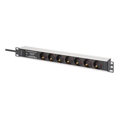 2. PDU Rack 19" power strip with surge protection + EMI/RFI filter, 7 Schuko CEE 7/3 (45°) sockets, 2m cable, Unischuko CEE 7/7 plug, 16A, aluminum