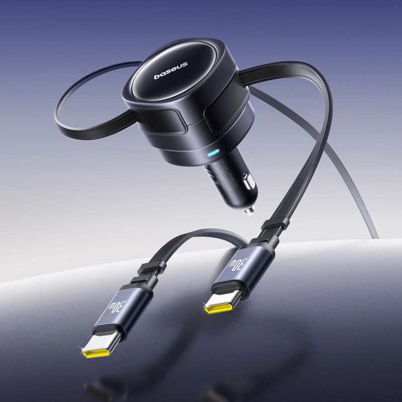 6. Baseus Enjoyment Max 60W Car Charger with Two Retractable USB-C Cables - Black
