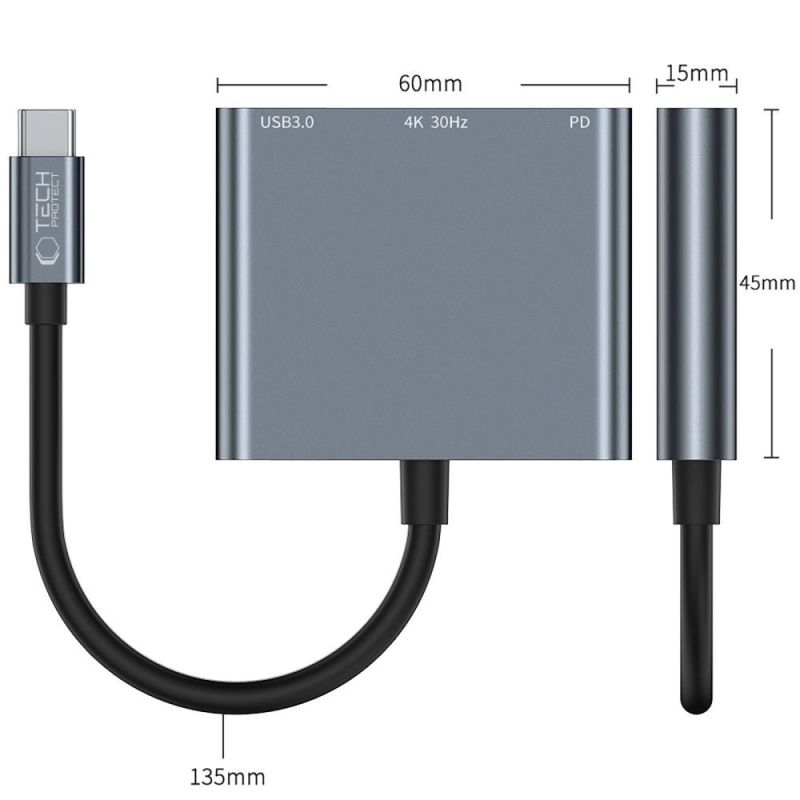 4. HUB Tech-Protect V1 3in1 USB-C - USB-A 3.0 / USB-C PD 100W / HDMI 4K 30Hz - gray