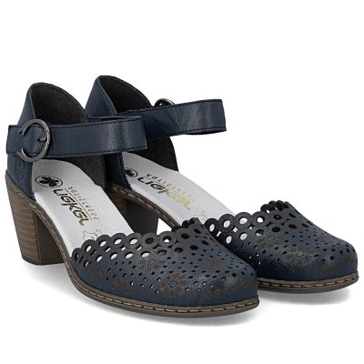 3. Women's leather sandals with a comfortable heel, openwork, navy blue, Rieker 40902-14