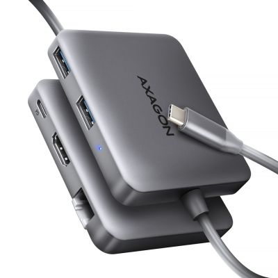 Axagon N HMC-5HL USB 5 Gbps hub, 2x USB-A, HDMI 4K/60 Hz, RJ-45 GLAN, PD 100 W, USB-C cable, wired, USB 3.2 Gen 1 (3.1 Gen 1) Type-C, Silver