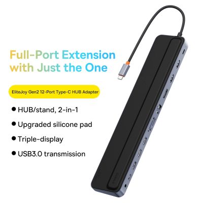 10. Baseus EliteJoy Gen2 Universal 12-in-1 USB HUB with 25cm USB-C Cable, Notebook Stand, USB-A / USB-C / DP / HDMI / SD / TF / RJ45 / 3.5mm Jack / PD 100W Gray (WKSX030213)