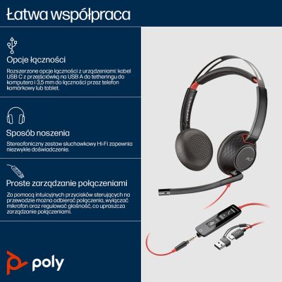 89. Poly Blackwire 5220 Stereo Headphones USB-C Headset +3.5mm Plug +USB-C/A Adapter 8X231AA