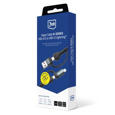 8. 3mk Hyper Cable N-SERIES 2 in 2 USB-A / USB-C and USB-C / Lightning 1.2m QC 3.0 9V/2A 60W - black