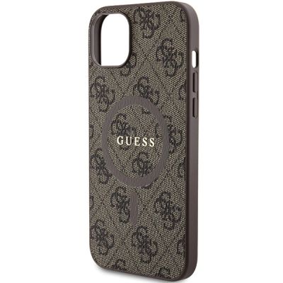 6. Guess 4G Collection Leather Metal Logo MagSafe Case for iPhone 15 Plus / 14 Plus - Brown