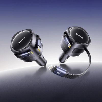 8. Baseus Enjoyment Max 60W Car Charger with Two Retractable USB-C Cables - Black