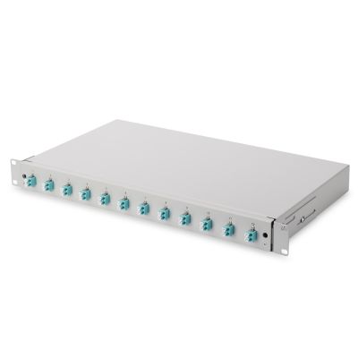 FO patch panel with equipment 19'' 1U, 12x LC dx, OM3, pigtails, adapters, trays, sliding, gray