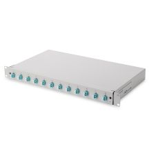 FO patch panel with equipment 19'' 1U, 12x LC dx, OM3, pigtails, adapters, trays, sliding, gray