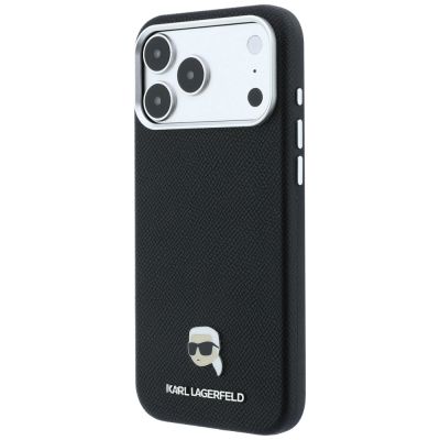 2. Karl Lagerfeld Grained Karl Head Metal MagSafe Case for iPhone 18 Pro / 17 Pro - Black