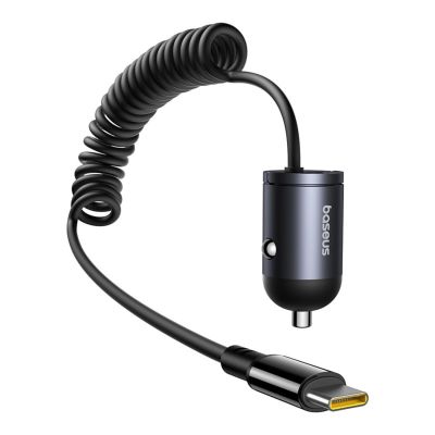 2. Baseus Tiny Star 30W Car Charger with Built-in Spiral USB-C Cable - Black