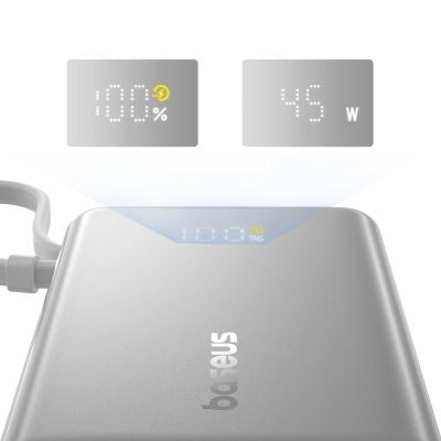 10. Baseus PicoGo 10000mAh 45W Powerbank with Digital Display and Built-in USB-C Cable - Titanium