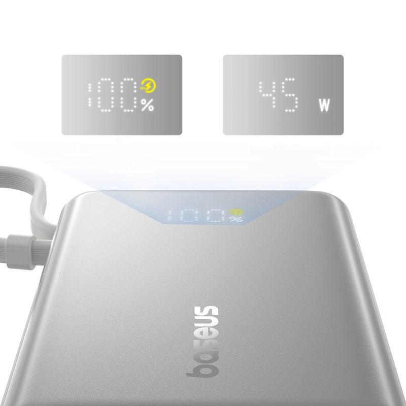 10. Baseus PicoGo 10000mAh 45W Powerbank with Digital Display and Built-in USB-C Cable - Titanium