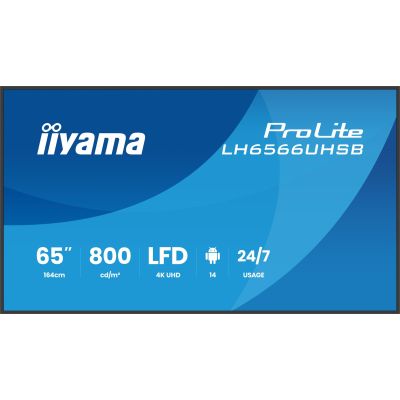 iiyama LH6566UHSB-B1AG signage display Flat panel Digital Signage 165.1 cm (65") LCD Wi-Fi 800 cd/m2 4K Ultra HD Black Built-in processor Android 24/7
