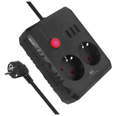MACLEAN POWER STRIP, EXTENSION CORD 2 OUTLETS + 3XUSB, 110-240V AC 50/60HZ, 2.1A MAX 2500W, 1.5M, BLACK MCE387 B