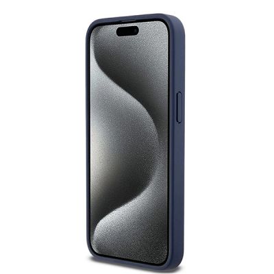 5. DKNY Leather Mono Stripe & Metal Logo case for iPhone 15 Pro Max - blue