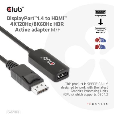 2. CLUB3D CAC-1088 Cable Adapter 0.21m DisplayPort HDMI Black