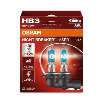 Bulb (Set of 2) HB3 12V 60W P20D up to 150m beam length, up to 150% more brightness, up to 20% whiter light Night Breaker Laser, white
