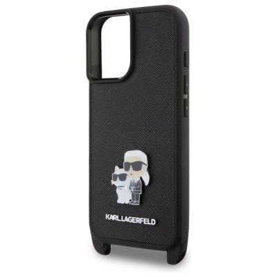 4. Karl Lagerfeld Saffiano Karl&Choupette Metal Pin CBDY Strap iPhone 16 Case - Black
