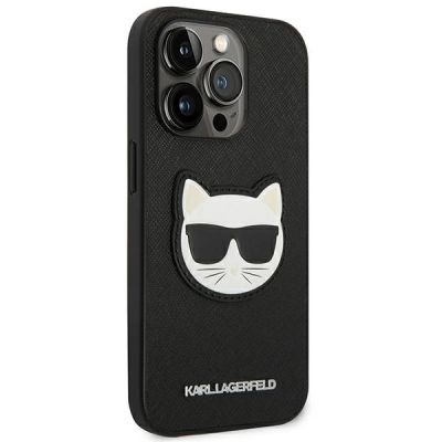 4. Karl Lagerfeld Saffiano Choupette Head Patch Case for iPhone 14 Pro Max - Black