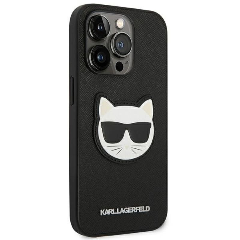 4. Karl Lagerfeld Saffiano Choupette Head Patch Case for iPhone 14 Pro Max - Black