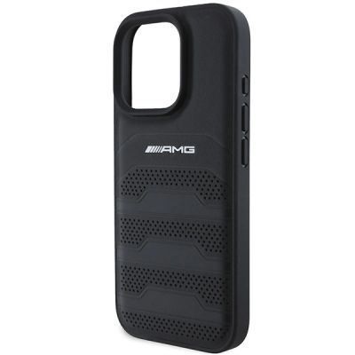 6. AMG Leather Debossed Lines Black Logo iPhone 16 Pro Max Case - Black
