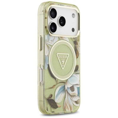 4. Guess IML Glitter Flowers Triangle MagSafe Case for iPhone 17 Pro Max - Green