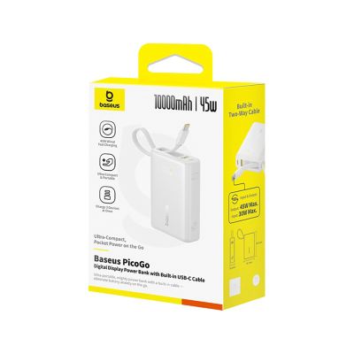 4. Baseus PicoGo 10000mAh 45W Powerbank with Built-in Cable and Display - White