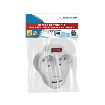3. ESPERANZA ELECTRIC SPLITTER 2 OUTLETS USB-C USB-A ON WHITE ELK311W