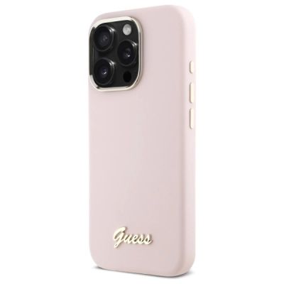2. Guess Silicone Script Metal Logo & Frame iPhone 16 Pro Max Case - Pink