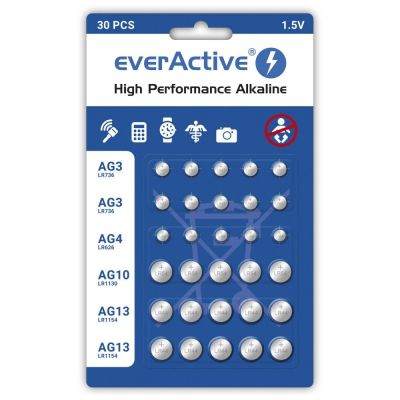 EVERACTIVE ALKALINE BATTERIES MINI SET: 10 X G3 / LR41, 5 X G4 / LR626, 5 X G10 / LR1130, 10 X G13 / LR1154 AGMIX30BL