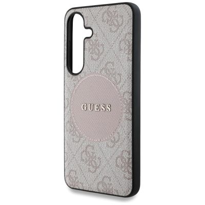 6. Guess 4G Round Patch Classic Logo MagSafe Case for Samsung Galaxy S25 Plus Pink