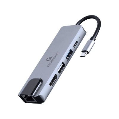 6. GEMBIRD MULTI ADAPTER USB TYPE-C 5IN1 (HUB + HDMI + PD + CARD READER + LAN) SILVER