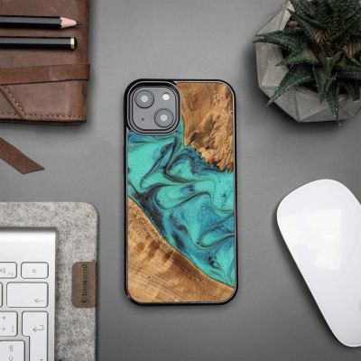 2. Wood and resin case for iPhone 15 Plus Bewood Unique Turquoise - turquoise and black