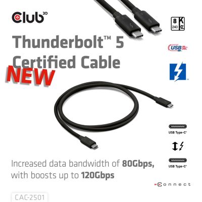 3. CLUB3D CAC-2501 Thunderbolt Cable 1m 120 Gbit/s Black