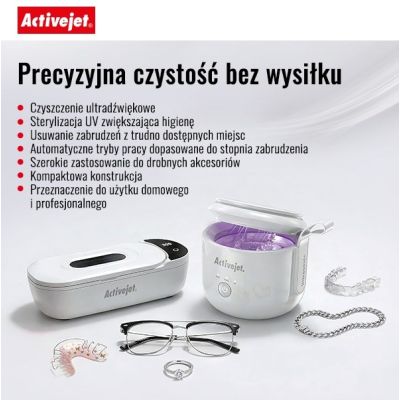 25. Activejet AUC-198 cordless ultrasonic UV cleaner. For dentures, braces, and jewelry, white.
