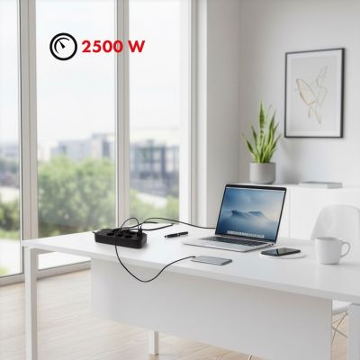 10. MACLEAN POWER STRIP, EXTENSION CORD 6 OUTLETS + 4XUSB, 110-240V AC 50/60HZ, 2.1A MAX 2500W, 1.5M, BLACK MCE389 B