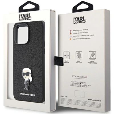 8. Karl Lagerfeld Glitter Ikonik Logo Metal Logo Case for iPhone 15 Pro Max - Black