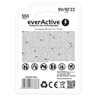 5. EVERACTIVE BATTERY 6F22/9V LI-ION 550 MAH WITH USB TYPE C EVHR22-550C