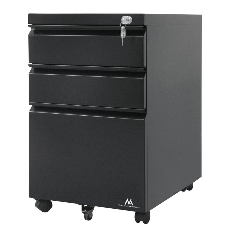 4. Maclean MC-850 Under-desk cabinet, metal container with lock, black, on wheels