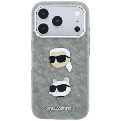 3. Karl Lagerfeld Saffiano Case with Karl & Choupette Heads Pins & Logo for iPhone 18 Pro Max / 17 Pro Max - Gray