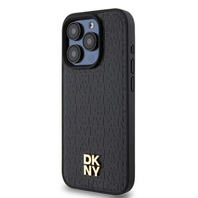 2. DKNY Leather Monogram Pattern Metal Logo MagSafe Case for iPhone 15 Pro - Black