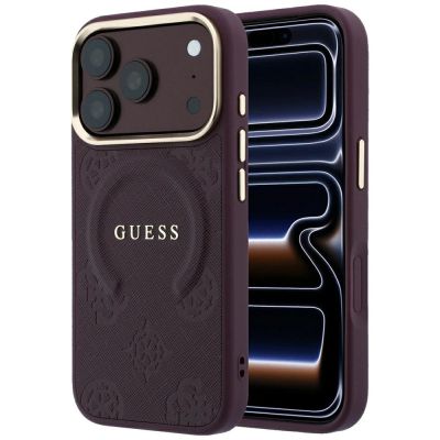 Guess Saffiano Peony & Ring MagSafe case for iPhone 17 Pro Max / 18 Pro Max - burgundy