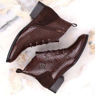 21. Filippo W PAW478B brown patent leather ankle boots with insulated crocodile skin