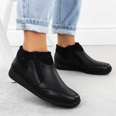6. Rieker 47270-00 comfortable black waterproof leather women's ankle boots