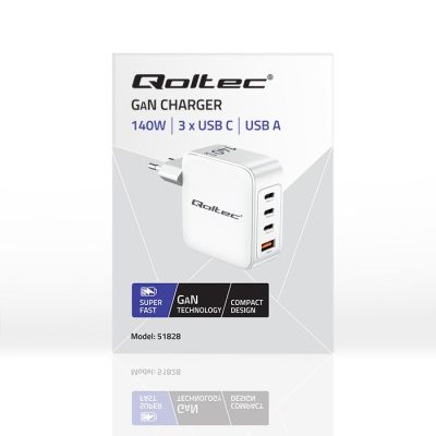7. Qoltec 140W GaN Wall Charger | 5-20V | 2.5-5A | 3 x USB-C PD | 1 x USB QC 3.0 | White