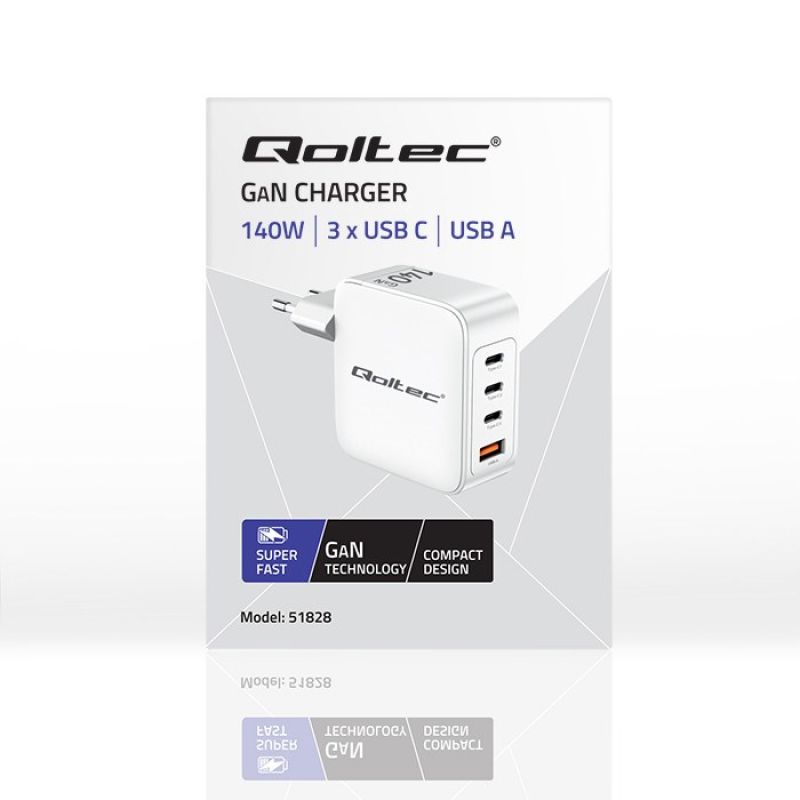 7. Qoltec 140W GaN Wall Charger | 5-20V | 2.5-5A | 3 x USB-C PD | 1 x USB QC 3.0 | White