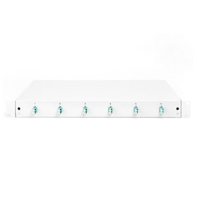 7. FO patch panel with equipment 19'' 1U, 6x LC dx, OM3, pigtails, adapters, trays, sliding, gray